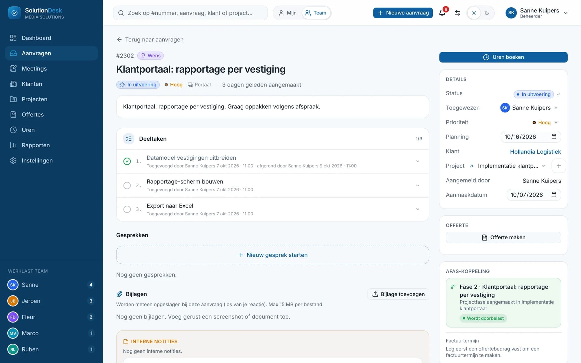 Detailpagina van een aanvraag met deeltaken en AFAS-koppeling