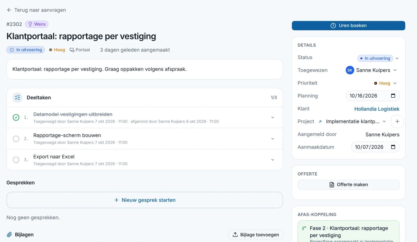 Een aanvraag met deeltaken en details
