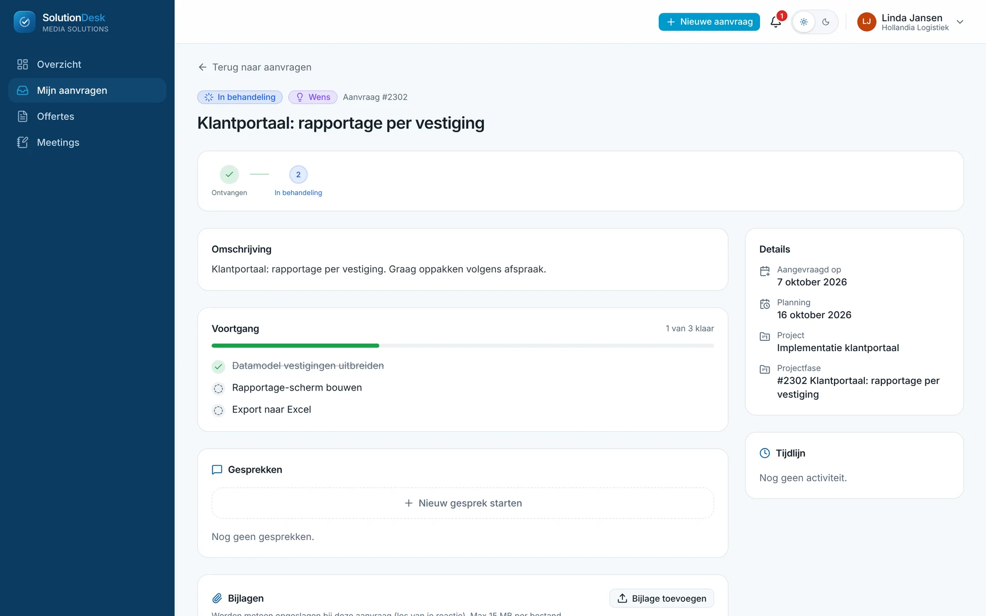 Een aanvraag in het klantportaal met voortgang en deeltaken